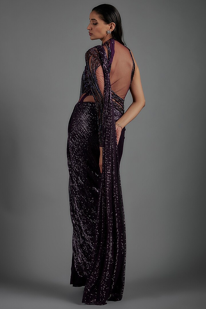 Grape Wine Sequins Bugle Bead Embroidered Bridal Gown Saree by Gaurav Gupta at Pernia's Pop Up Shop