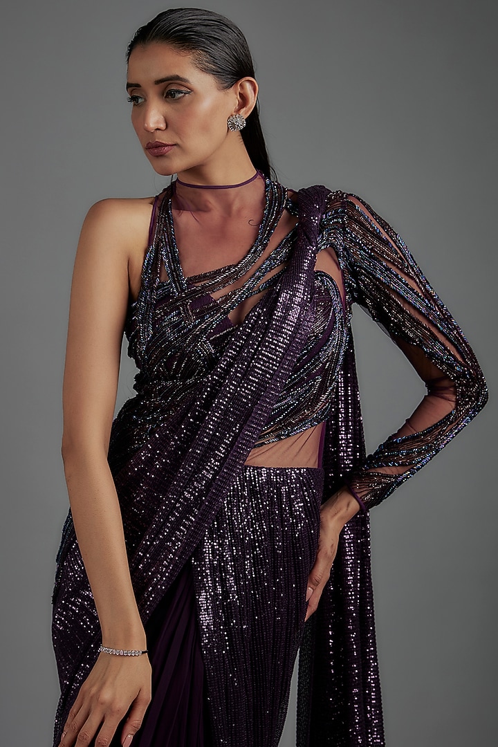 Grape Wine Sequins Bugle Bead Embroidered Bridal Gown Saree by Gaurav Gupta at Pernia's Pop Up Shop