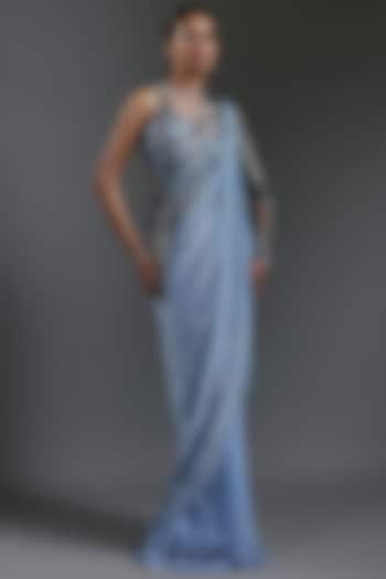 Ocean Blue Sequins Bugle Beads Embroidered Gown Saree by Gaurav Gupta at Pernia's Pop Up Shop