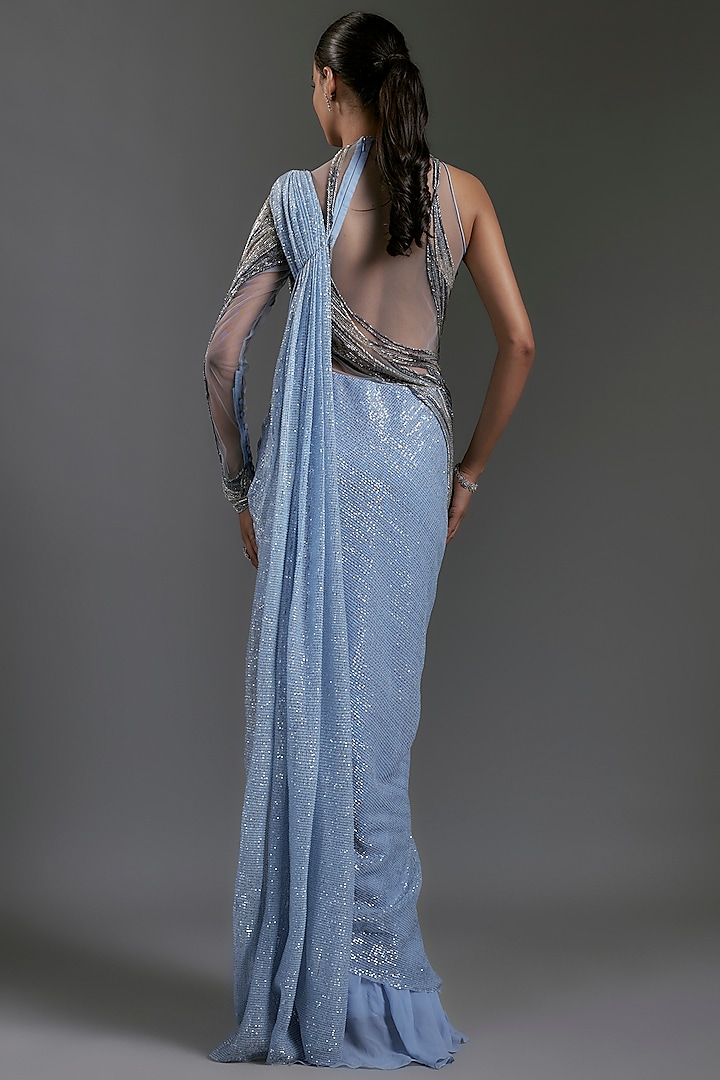 Ocean Blue Sequins Bugle Beads Embroidered Bridal Gown Saree by Gaurav Gupta at Pernia's Pop Up Shop