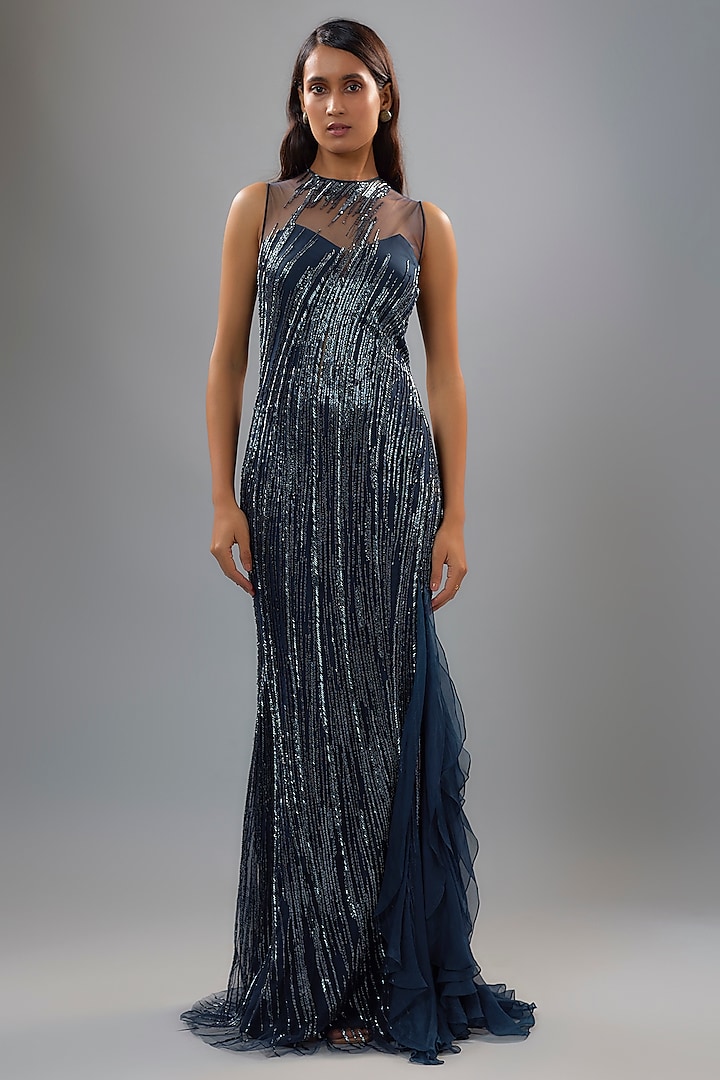 Midnight Blue Tulle Bugle Bead Embroidered Gown by Gaurav Gupta at Pernia's Pop Up Shop