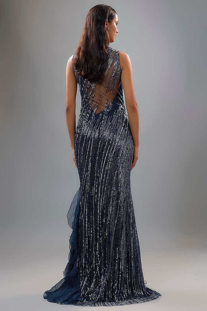 Midnight Blue Tulle Bugle Bead Embroidered Bridal Gown by Gaurav Gupta at Pernia's Pop Up Shop