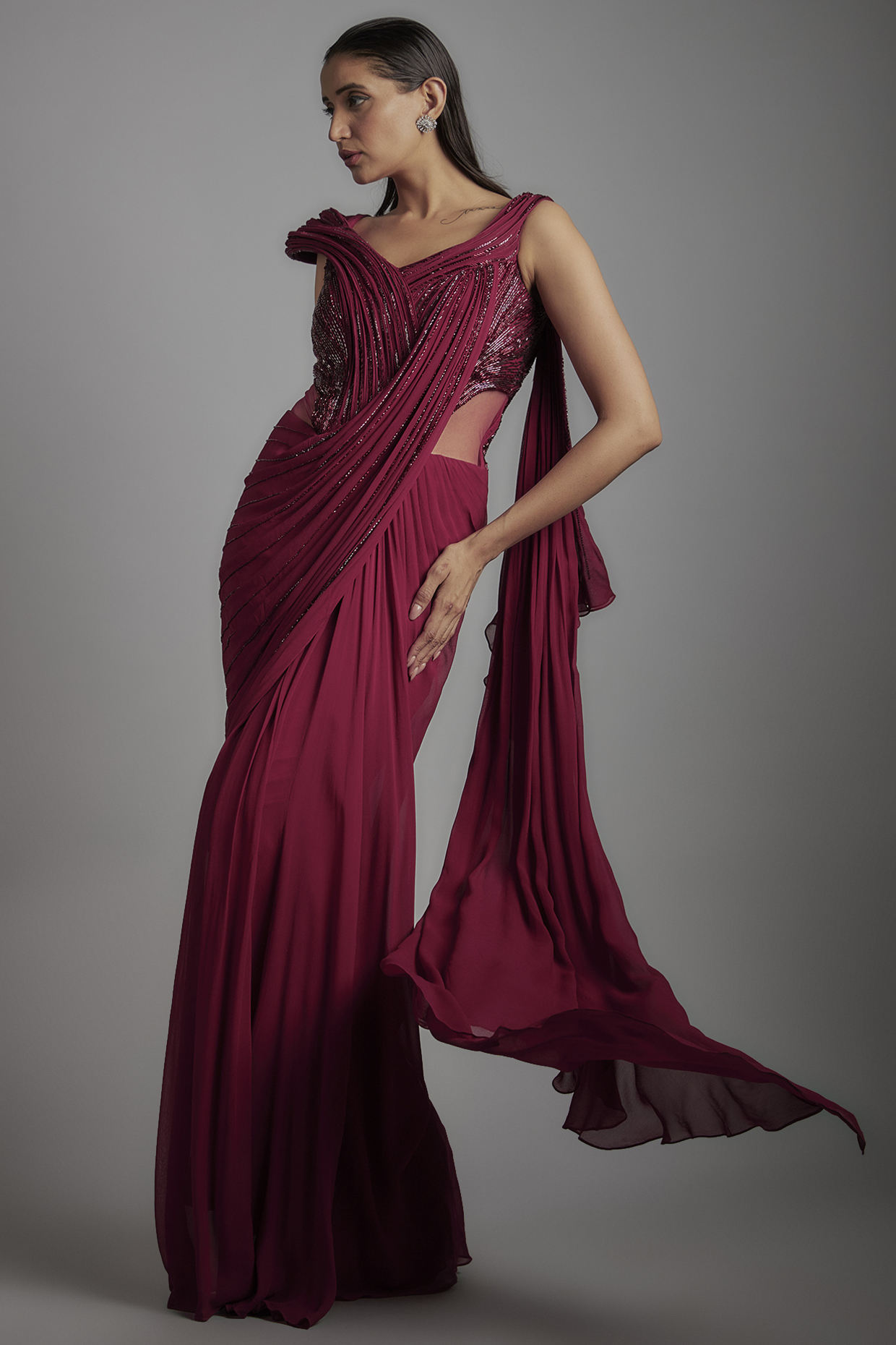 Fuchsia Sequins Bugle Bead Embroidered Gown Saree by Gaurav Gupta at Pernia's Pop Up Shop