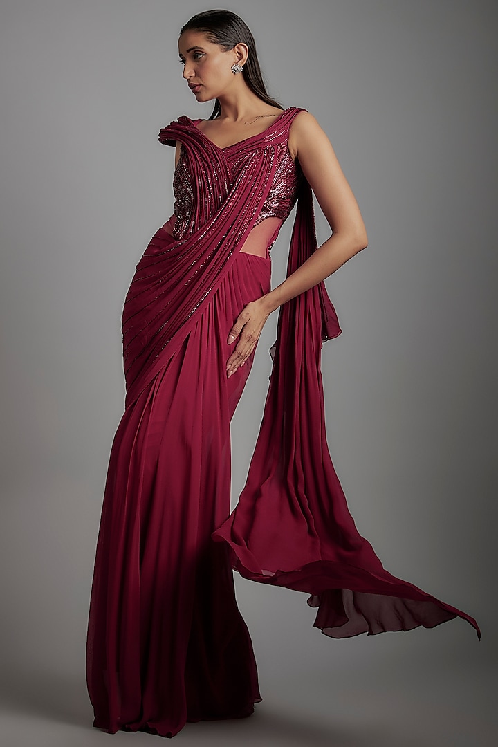 Fuchsia Sequins Bugle Bead Embroidered Gown Saree by Gaurav Gupta at Pernia's Pop Up Shop