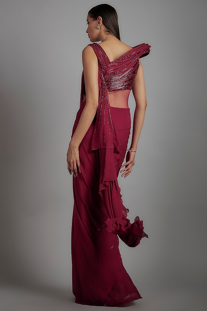 Fuchsia Sequins Bugle Bead Embroidered Bridal Gown Saree by Gaurav Gupta at Pernia's Pop Up Shop