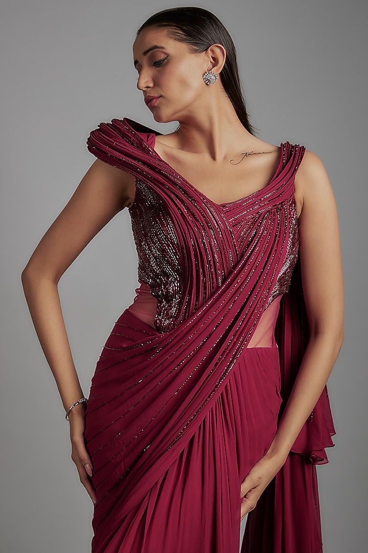 Fuchsia Sequins Bugle Bead Embroidered Bridal Gown Saree by Gaurav Gupta at Pernia's Pop Up Shop