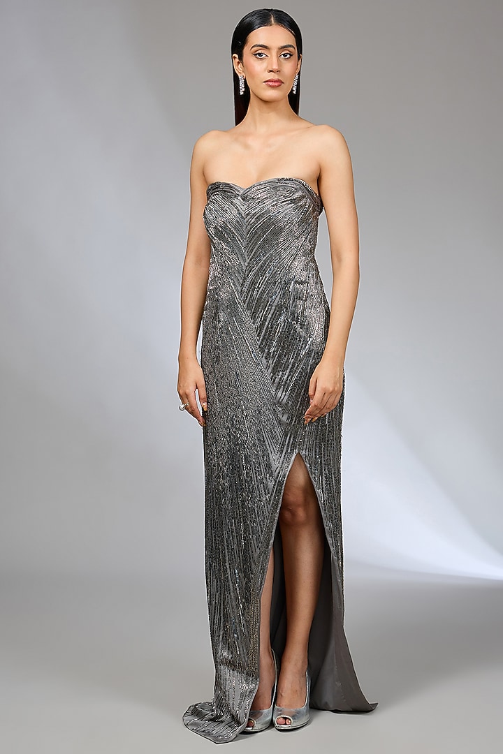 Silver Crepe Strapless Bridal Gown by Gaurav Gupta at Pernia's Pop Up Shop