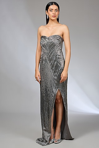 Silver Crepe Strapless Gown by Gaurav Gupta