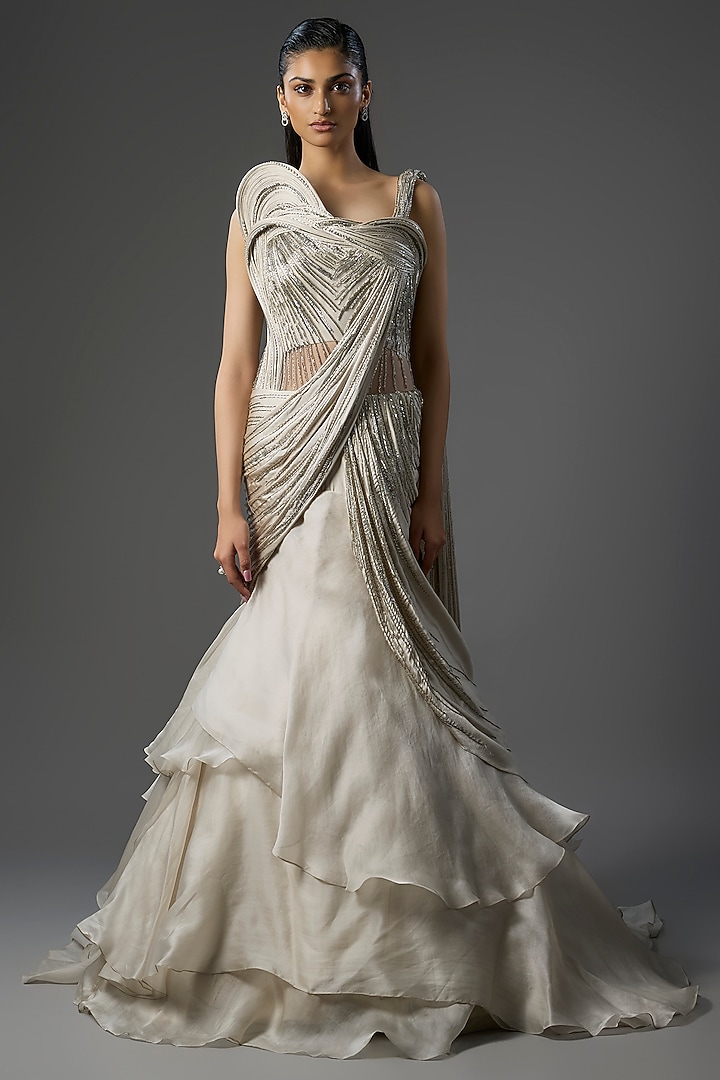 Ivory Crepe Sculpted Bridal Lehenga Saree by Gaurav Gupta at Pernia's Pop Up Shop