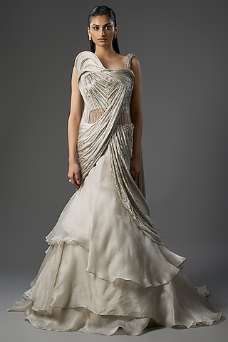 Ivory Crepe Sculpted Lehenga Saree by Gaurav Gupta
