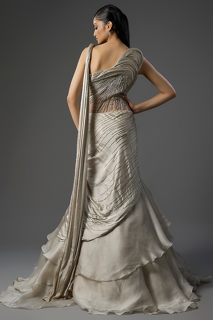 Ivory Crepe Sculpted Bridal Lehenga Saree by Gaurav Gupta at Pernia's Pop Up Shop
