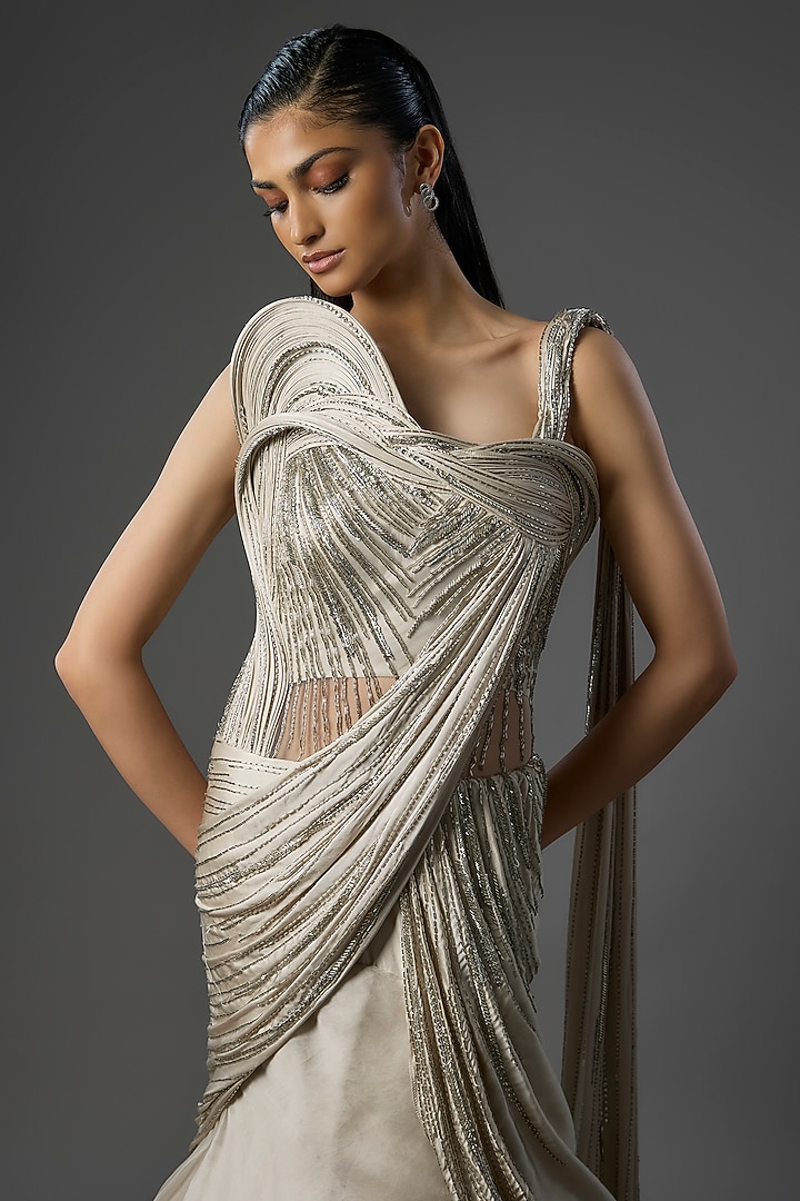 Ivory Crepe Sculpted Bridal Lehenga Saree by Gaurav Gupta at Pernia's Pop Up Shop