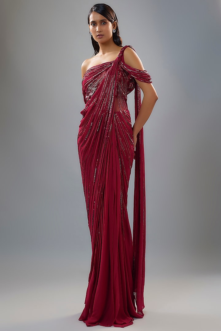 Fuchsia Georgette Bugle Bead Embroidered Gown Saree by Gaurav Gupta at Pernia's Pop Up Shop