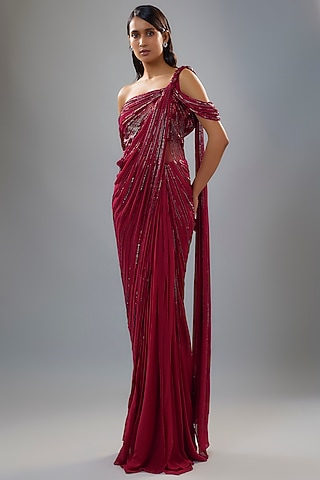 Fuchsia Georgette Bugle Bead Embroidered Gown Saree by Gaurav Gupta