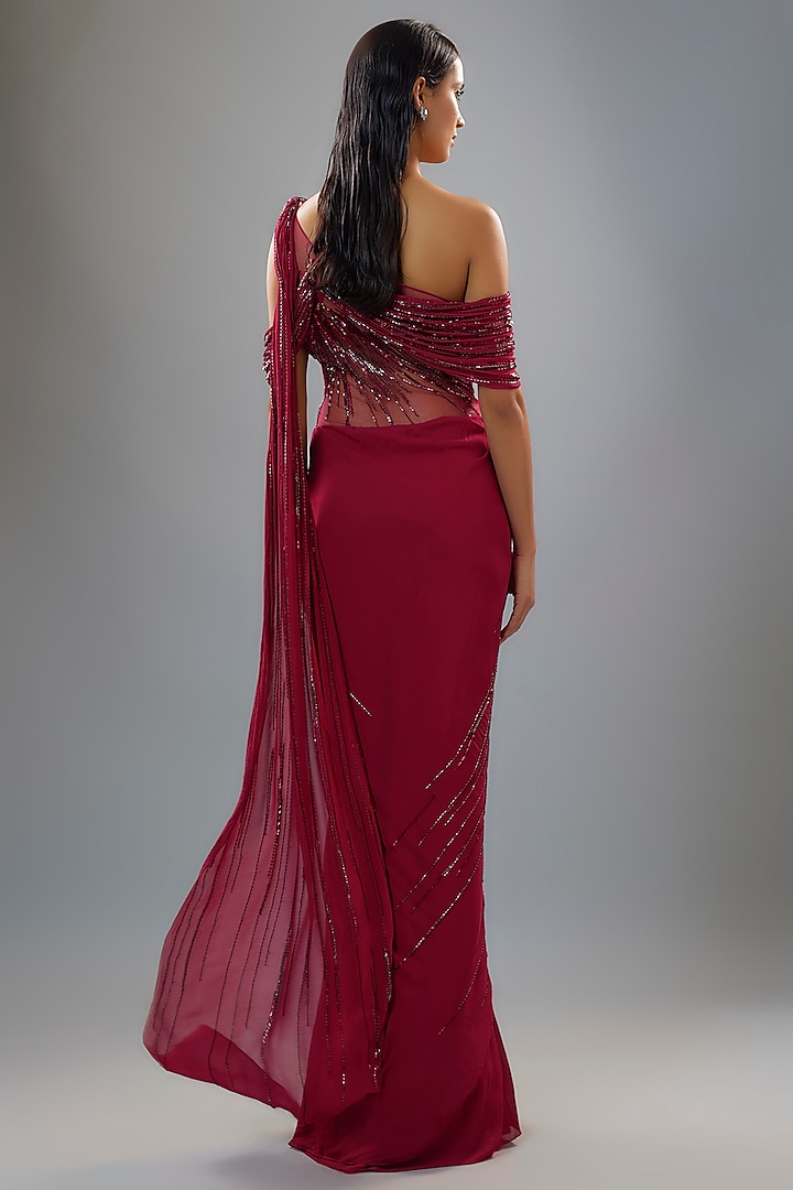 Fuchsia Georgette Bugle Bead Embroidered Bridal Gown Saree by Gaurav Gupta at Pernia's Pop Up Shop