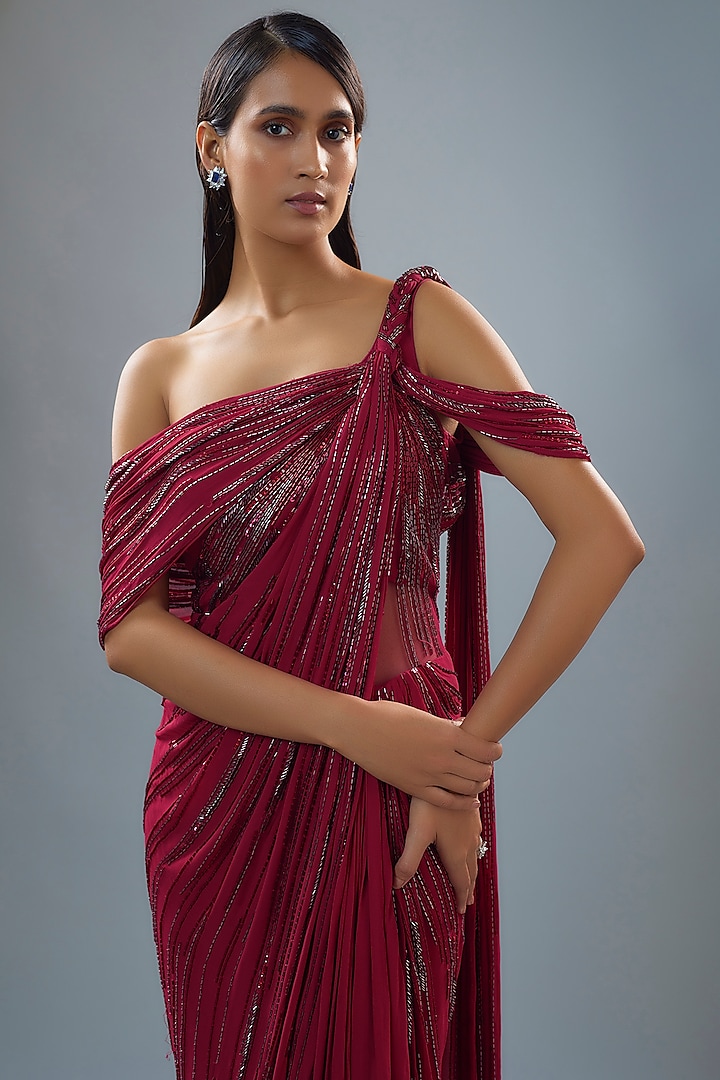 Fuchsia Georgette Bugle Bead Embroidered Bridal Gown Saree by Gaurav Gupta at Pernia's Pop Up Shop