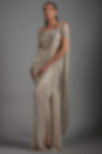 Sage Gold Viscose Georgette Bugle Bead Embroidered Bridal Gown Saree by Gaurav Gupta at Pernia's Pop Up Shop