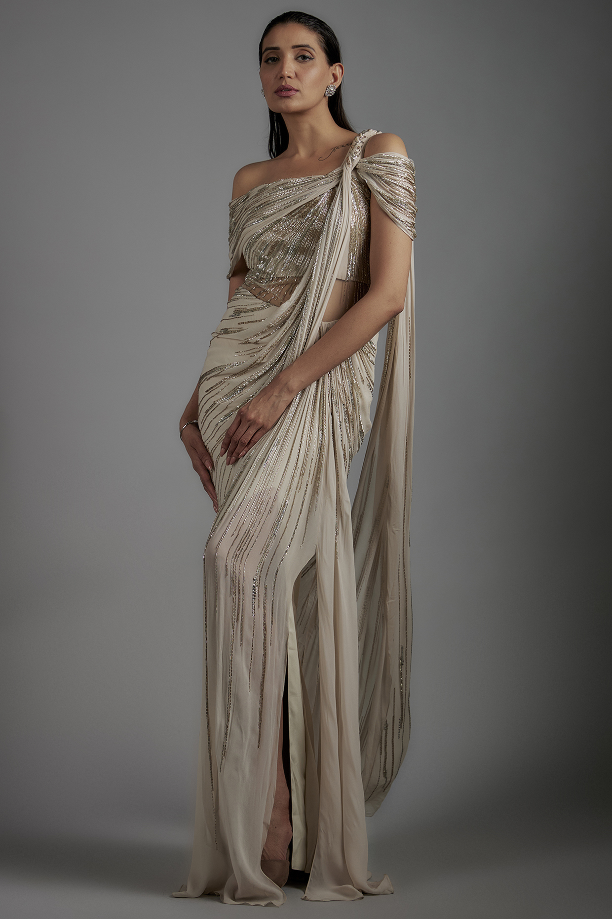 Sage Gold Viscose Georgette Bugle Bead Embroidered Bridal Gown Saree by Gaurav Gupta at Pernia's Pop Up Shop