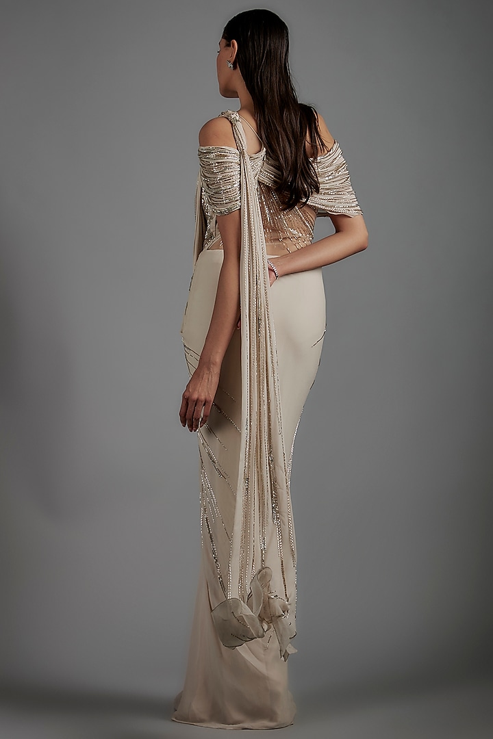Sage Gold Viscose Georgette Bugle Bead Embroidered Bridal Gown Saree by Gaurav Gupta at Pernia's Pop Up Shop