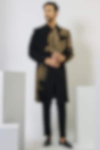 Black Velvet Groom Indowestern Set by Gaurav Gupta Men at Pernia's Pop Up Shop