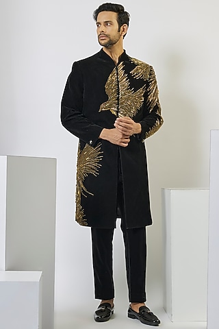 Black Velvet Indowestern Set by Gaurav Gupta Men