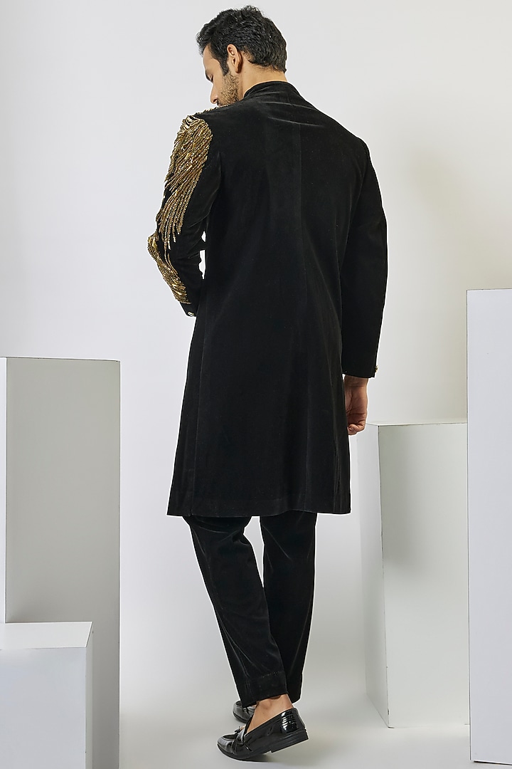 Black Velvet Groom Indowestern Set by Gaurav Gupta Men at Pernia's Pop Up Shop
