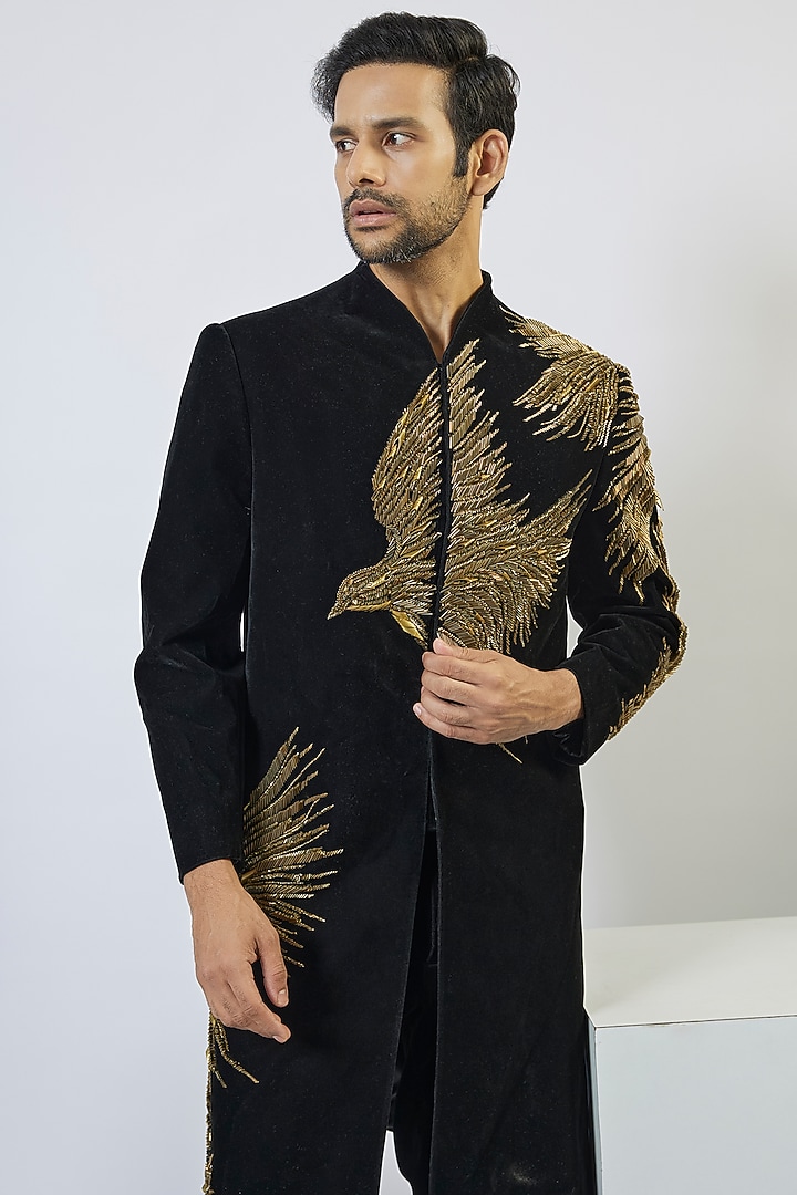 Black Velvet Groom Indowestern Set by Gaurav Gupta Men at Pernia's Pop Up Shop