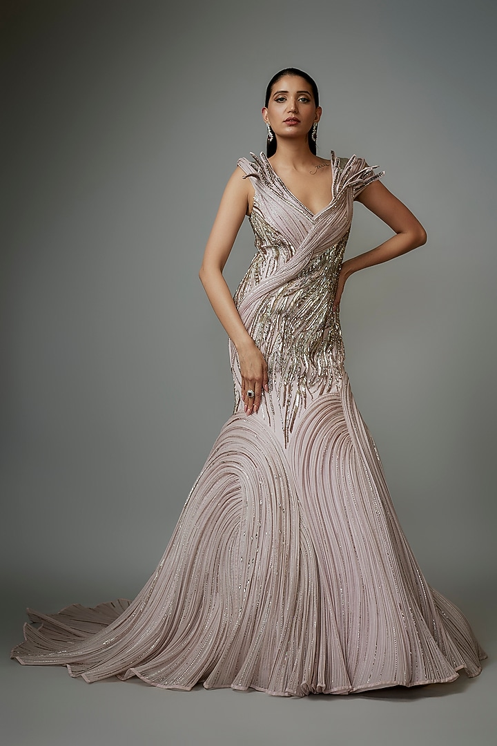 Opal Pink Polyester Crepe Sculpted Bridal Gown by Gaurav Gupta at Pernia's Pop Up Shop