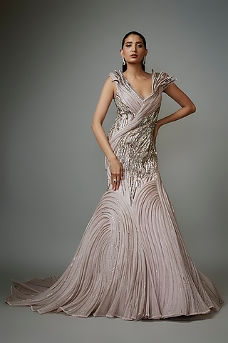 Opal Pink Polyester Crepe Sculpted Gown by Gaurav Gupta