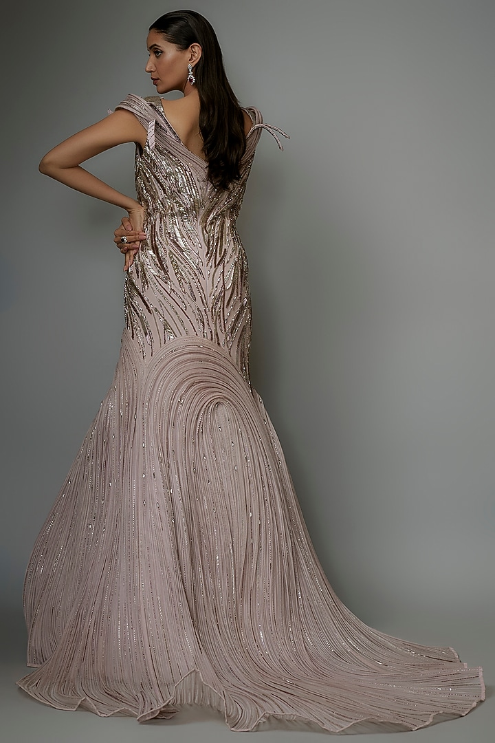 Opal Pink Polyester Crepe Sculpted Bridal Gown by Gaurav Gupta at Pernia's Pop Up Shop