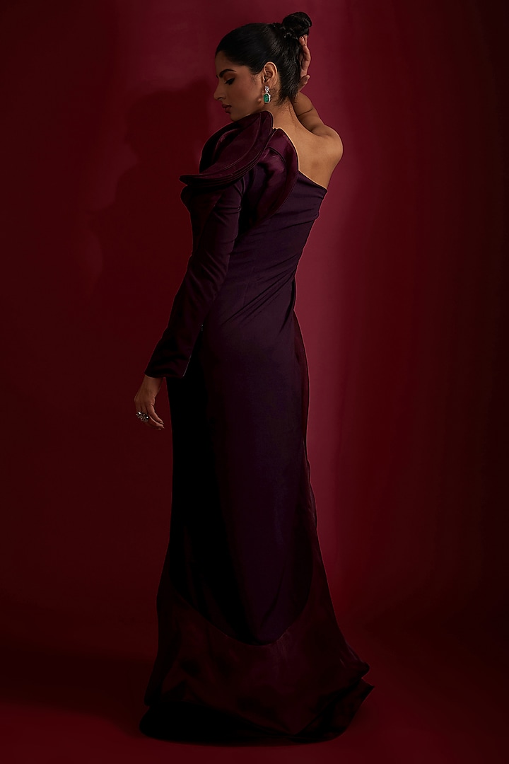 Aubergine Crepe One-Shoulder Ruffled Bridal Gown by Gaurav Gupta at Pernia's Pop Up Shop