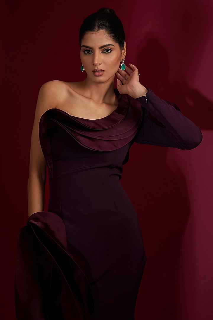 Aubergine Crepe One-Shoulder Ruffled Bridal Gown by Gaurav Gupta at Pernia's Pop Up Shop