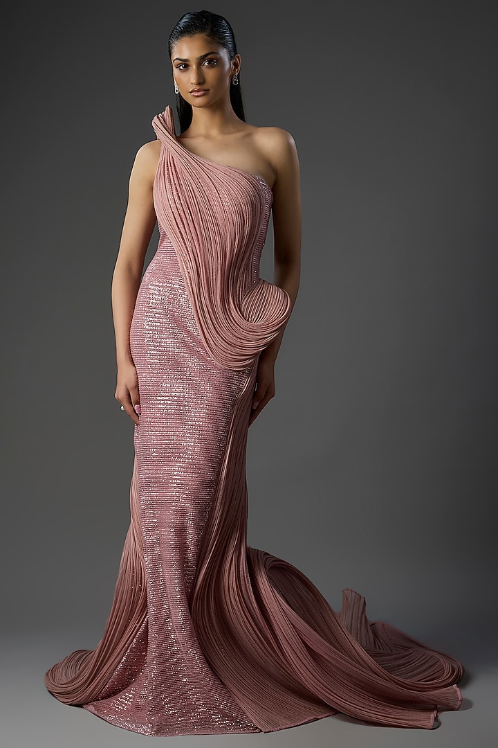 Rose Bud-Colored Polyester Sequins Sculpted Bridal Gown by Gaurav Gupta at Pernia's Pop Up Shop