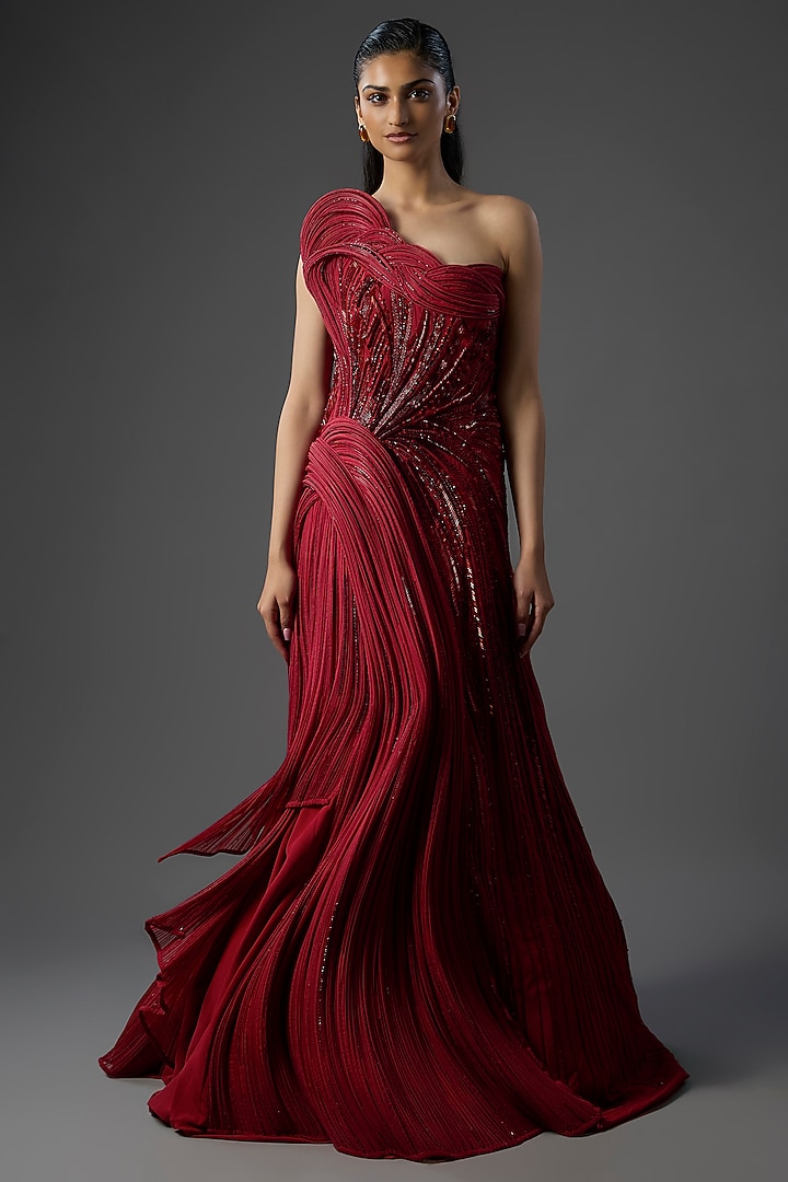 Lava Red Silk Crepe Sculpted One-Shoulder Bridal Gown by Gaurav Gupta at Pernia's Pop Up Shop