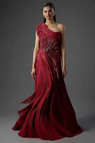 Lava Red Silk Crepe Sculpted One-Shoulder Gown by Gaurav Gupta