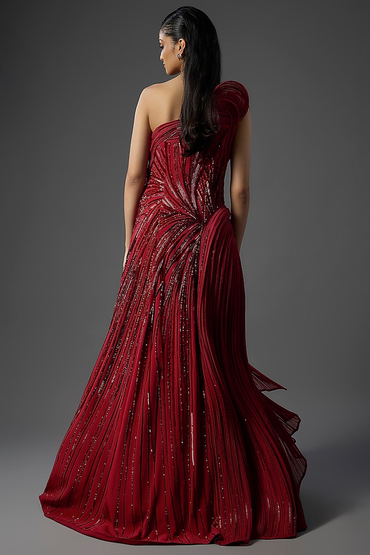 Lava Red Silk Crepe Sculpted One-Shoulder Bridal Gown by Gaurav Gupta at Pernia's Pop Up Shop
