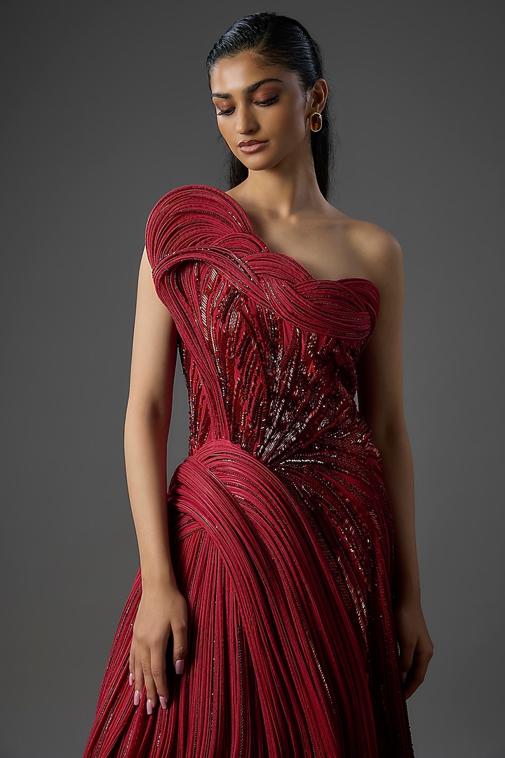 Lava Red Silk Crepe Sculpted One-Shoulder Bridal Gown by Gaurav Gupta at Pernia's Pop Up Shop