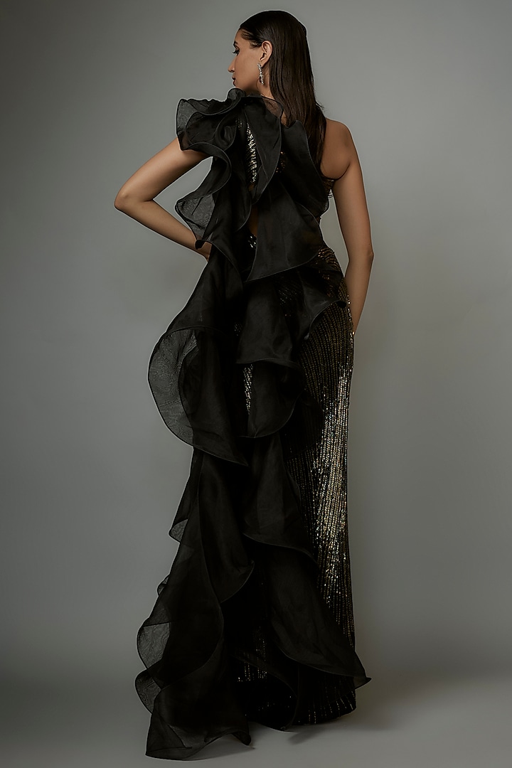 Black Crepe Bugal Beads Embroidered One-Shoulder Bridal Gown by Gaurav Gupta at Pernia's Pop Up Shop