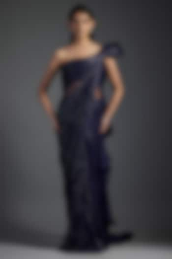 Midnight Blue Sequins Bugle Bead Embroidered Gown Saree by Gaurav Gupta at Pernia's Pop Up Shop