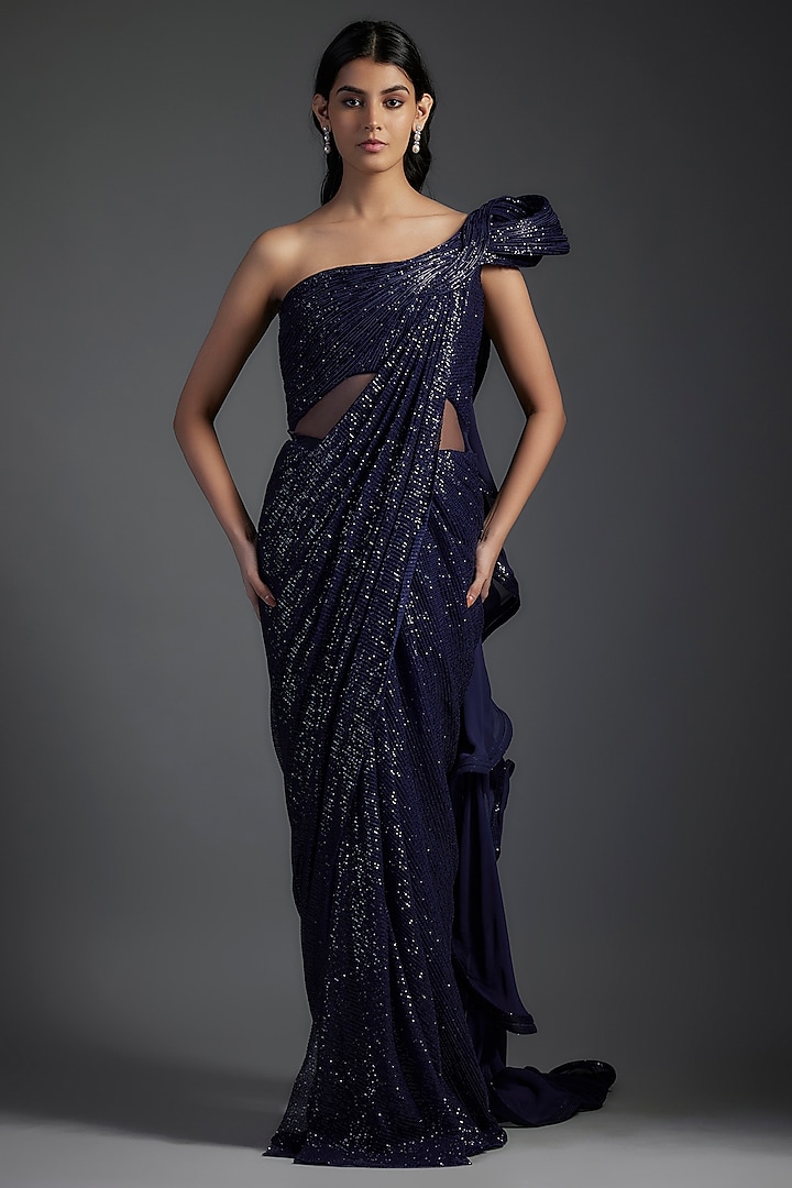 Midnight Blue Sequins Bugle Bead Embroidered Gown Saree by Gaurav Gupta at Pernia's Pop Up Shop