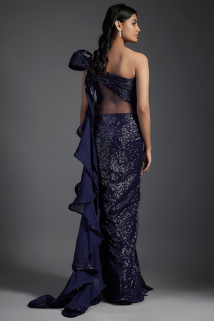 Midnight Blue Sequins Bugle Bead Embroidered Bridal Gown Saree by Gaurav Gupta at Pernia's Pop Up Shop