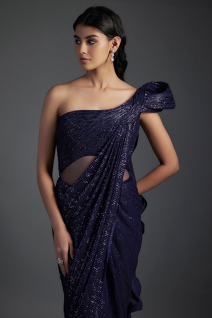Midnight Blue Sequins Bugle Bead Embroidered Bridal Gown Saree by Gaurav Gupta at Pernia's Pop Up Shop