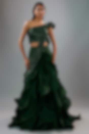 Emerald Green Sequins Ruffled Lehenga Saree Set by Gaurav Gupta at Pernia's Pop Up Shop