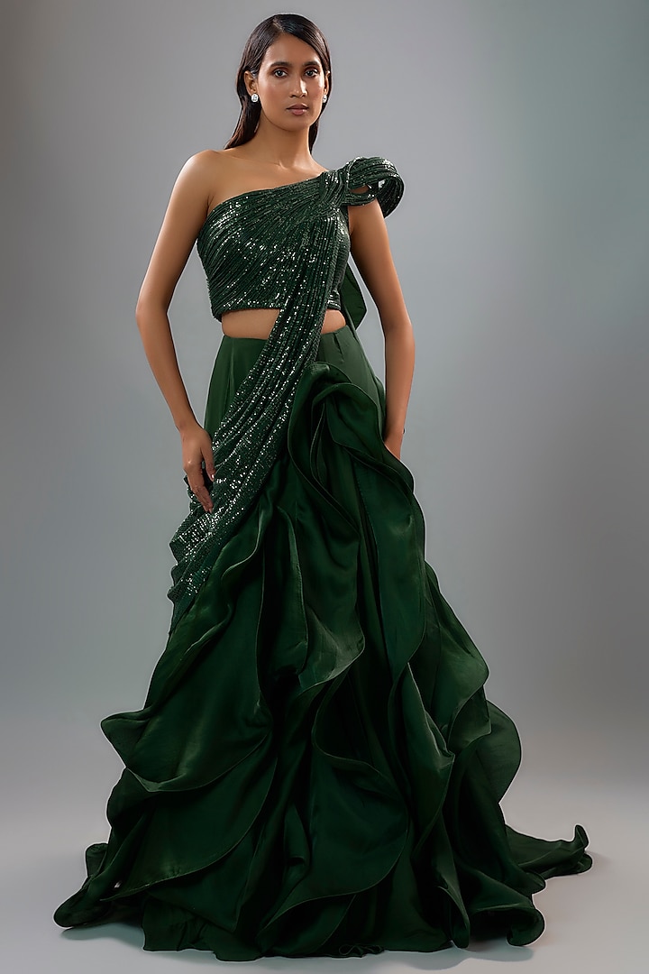 Emerald Green Sequins Ruffled Lehenga Saree Set by Gaurav Gupta at Pernia's Pop Up Shop