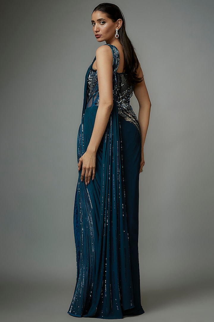 Teal Sapphire Viscose Georgette Bugal Beads Embroidered Shaded Corset Bridal Gown Saree by Gaurav Gupta at Pernia's Pop Up Shop