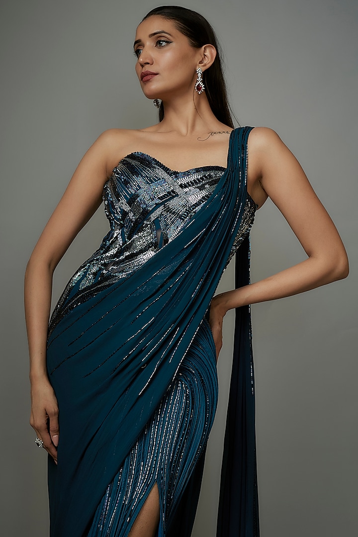 Teal Sapphire Viscose Georgette Bugal Beads Embroidered Shaded Corset Bridal Gown Saree by Gaurav Gupta at Pernia's Pop Up Shop