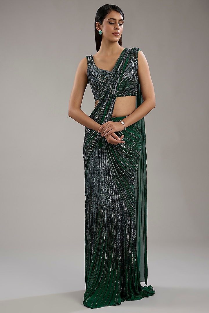 Black Viscose Georgette Bugle Bead Embroidered Draped Gown Saree Set by Gaurav Gupta at Pernia's Pop Up Shop