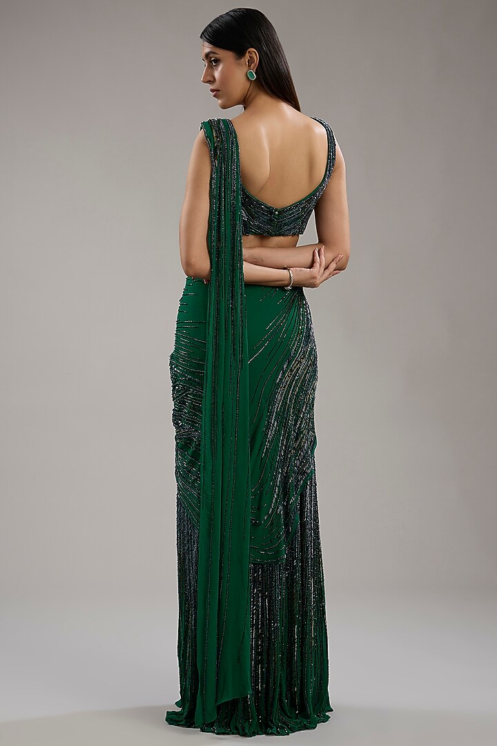 Emerald Green Viscose Georgette Bugle Bead Embroidered Draped Gown Bridal Saree Set by Gaurav Gupta at Pernia's Pop Up Shop