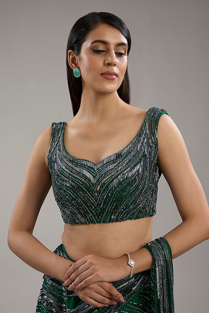 Emerald Green Viscose Georgette Bugle Bead Embroidered Draped Gown Bridal Saree Set by Gaurav Gupta at Pernia's Pop Up Shop