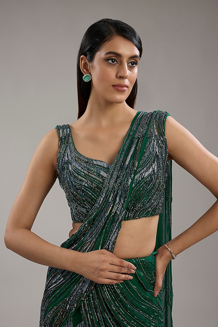 Emerald Green Viscose Georgette Bugle Bead Embroidered Draped Gown Bridal Saree Set by Gaurav Gupta at Pernia's Pop Up Shop